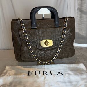 Y2K FURLA Genuine Leather Croc Embossed Satchel Bag Brown Gold Chain Strap vtg